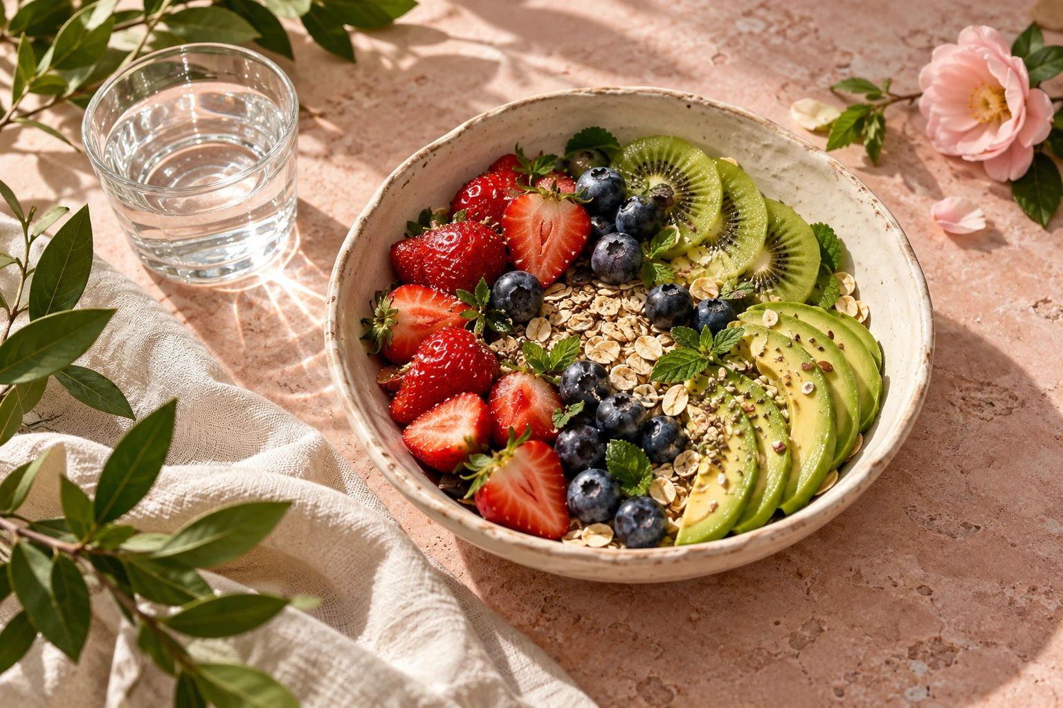 Frutas frescas, avena y agua en una composición editorial de alimentación consciente